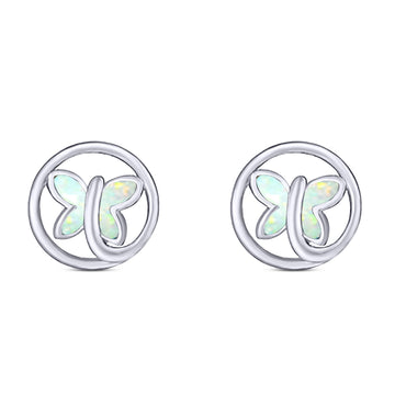 Butterfly Stud Earring Created White Opal Solid 925 Sterling Silver (8.8mm)